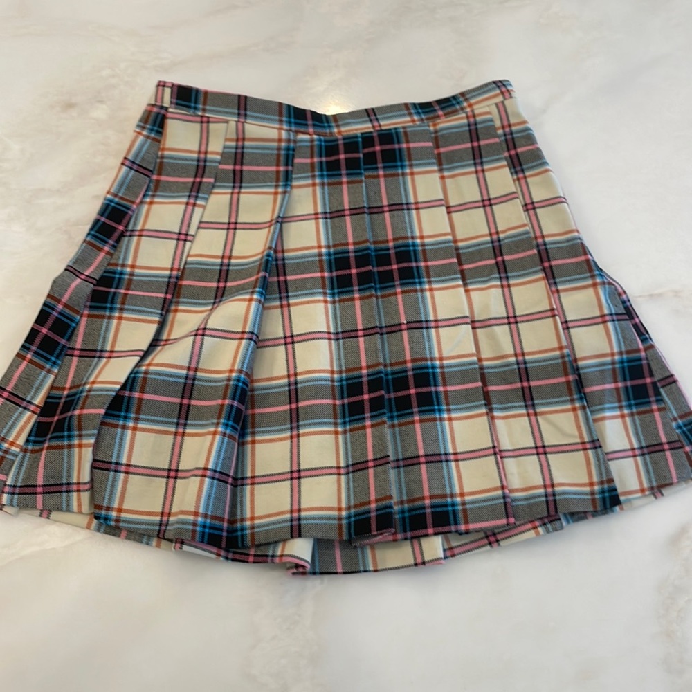 Zara Girls Pink/Lt Blue/Cream/Orange/Black Plaid Pleated Skirt Size 9